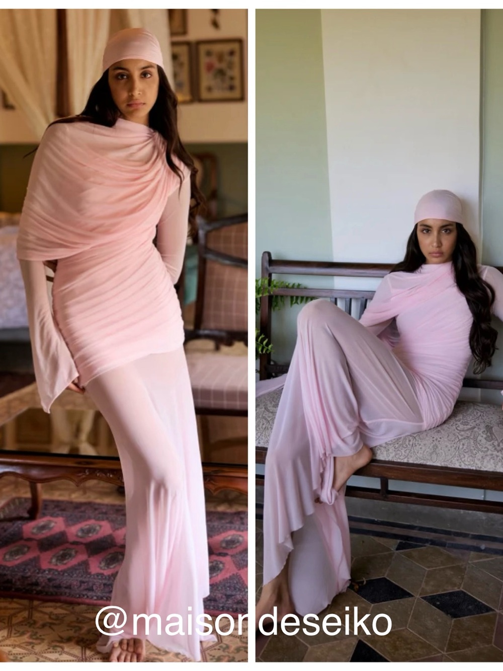 Deme by Gabriella Maxi Dress Light Pink Mesh Isla Long Sleeve Ruched size S